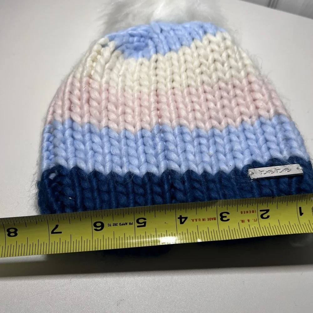 Bebe Kids Striped Beanie White Faux‎ Fur Pom-Pom